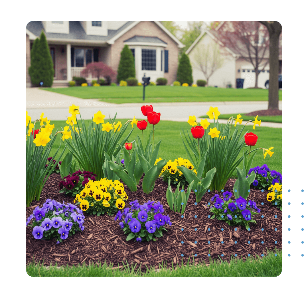 A colorful flower bed with fresh mulch in front of a suburban home.