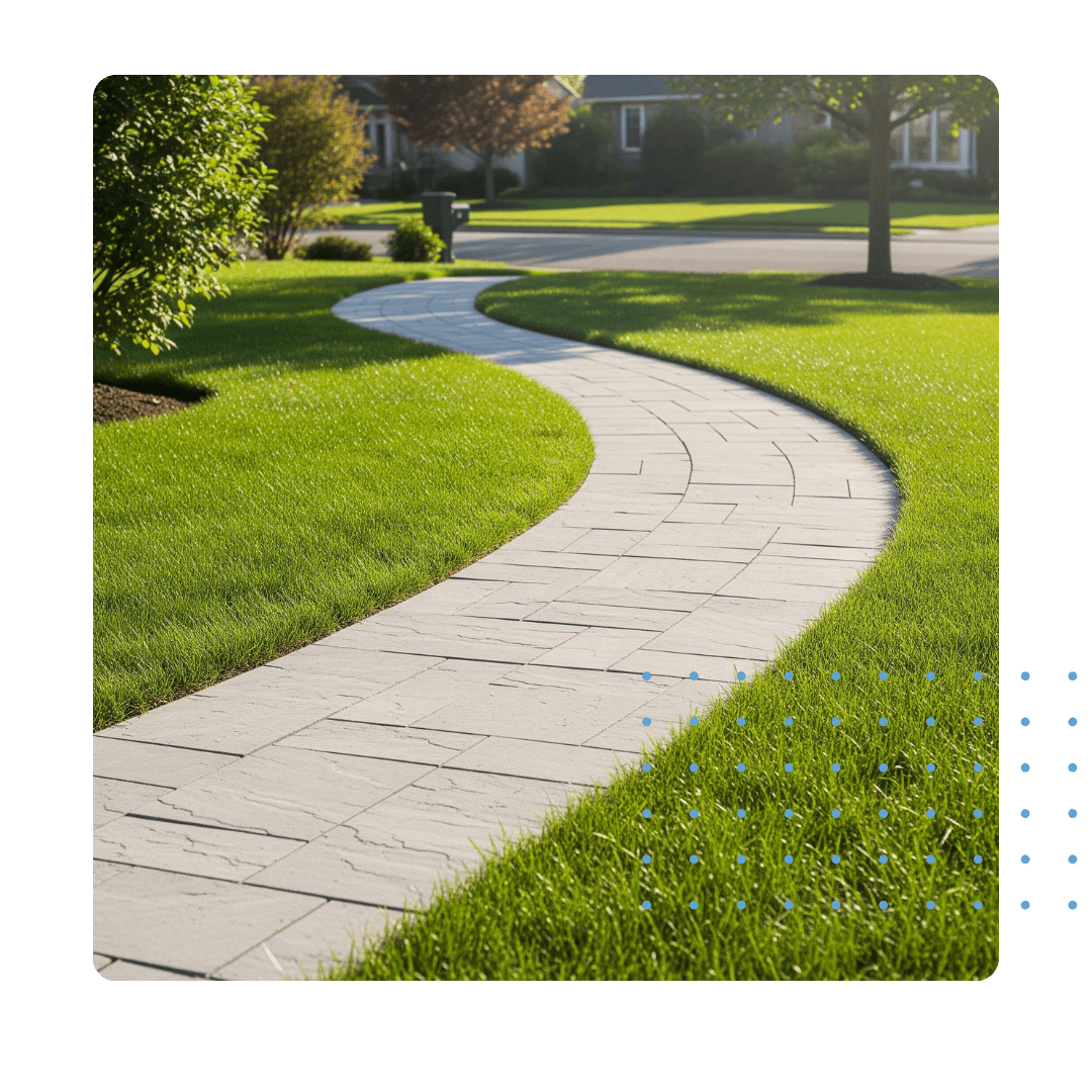 A new stone walkway curving through a green residential lawn.